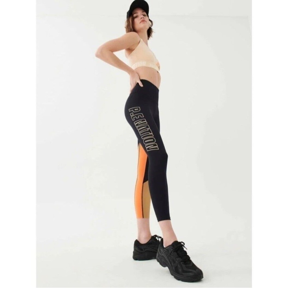 Sz S P.E NATION Leggings Comeback Colorblock Black Orange Tan Spellout Logo - Picture 2 of 9